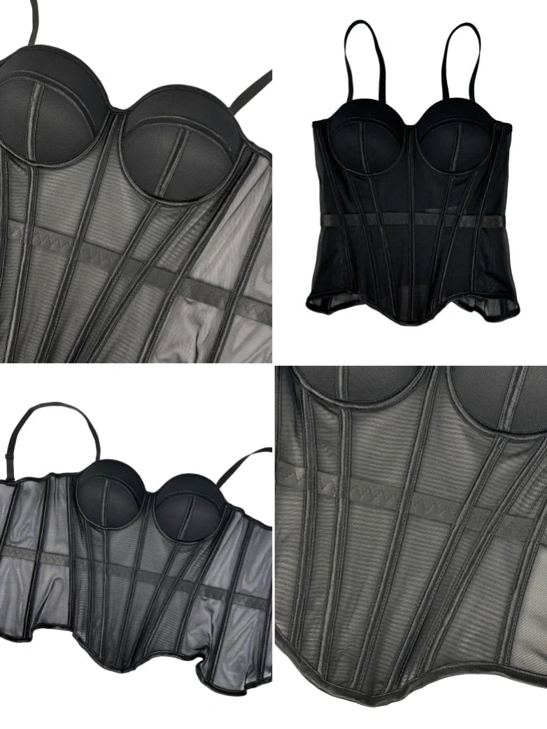 Elvira-Top tipo body de malla con diseño en espiga y rellenos para el pecho