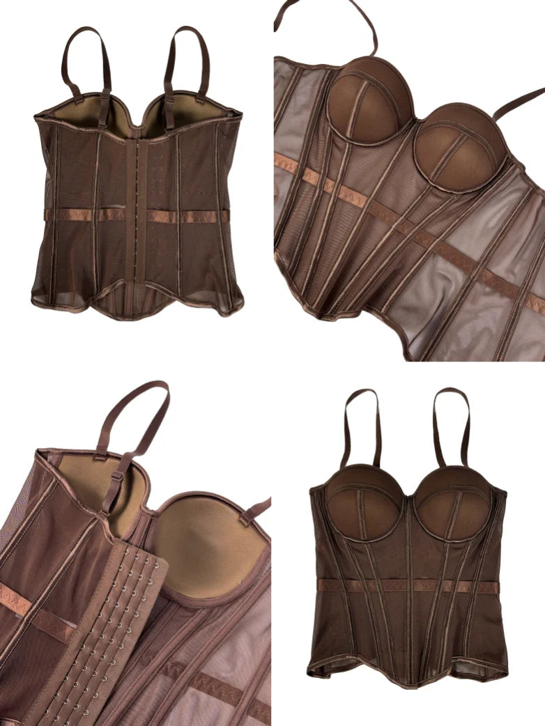 Elvira-Top tipo body de malla con diseño en espiga y rellenos para el pecho