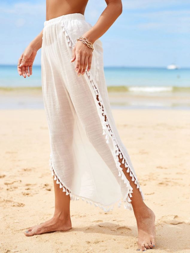 Celeste-Pantalones cover up con diseño de fleco de muslo con abertura