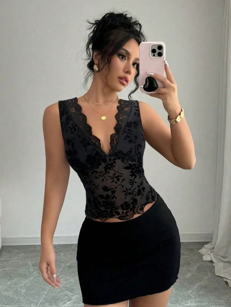 África-Camiseta sin mangas de estilo gótico, corte entallado, con cuello en V y encaje de malla flocada