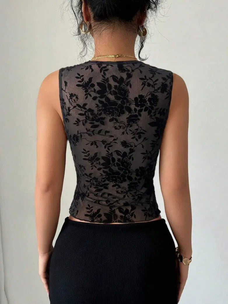 África-Camiseta sin mangas de estilo gótico, corte entallado, con cuello en V y encaje de malla flocada