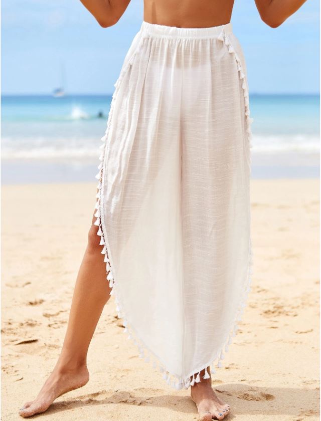 Celeste-Pantalones cover up con diseño de fleco de muslo con abertura